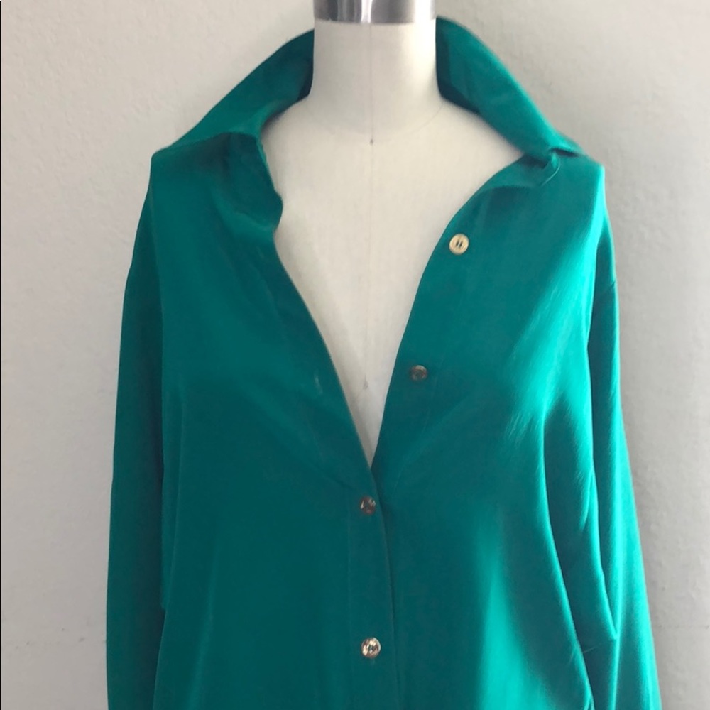 Trina Turk bright green silk summer shirt L - Picture 2 of 7